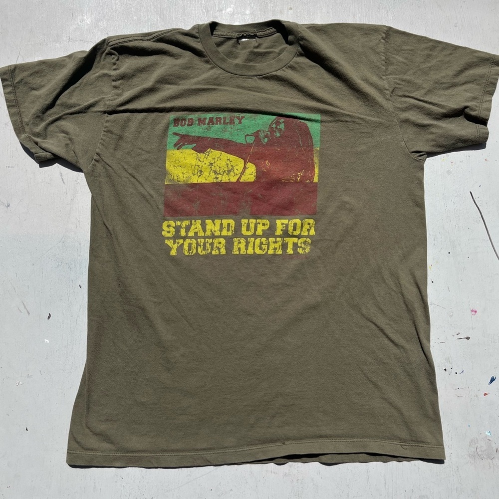 Men's Bob Marley T-Shirt Green Stand Up Rights NO SIZE Rasta Reggae HOLE 70s UK